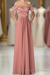 Dusty Rose Square Neck Short Sleeve Long Bridesmaid Dress
